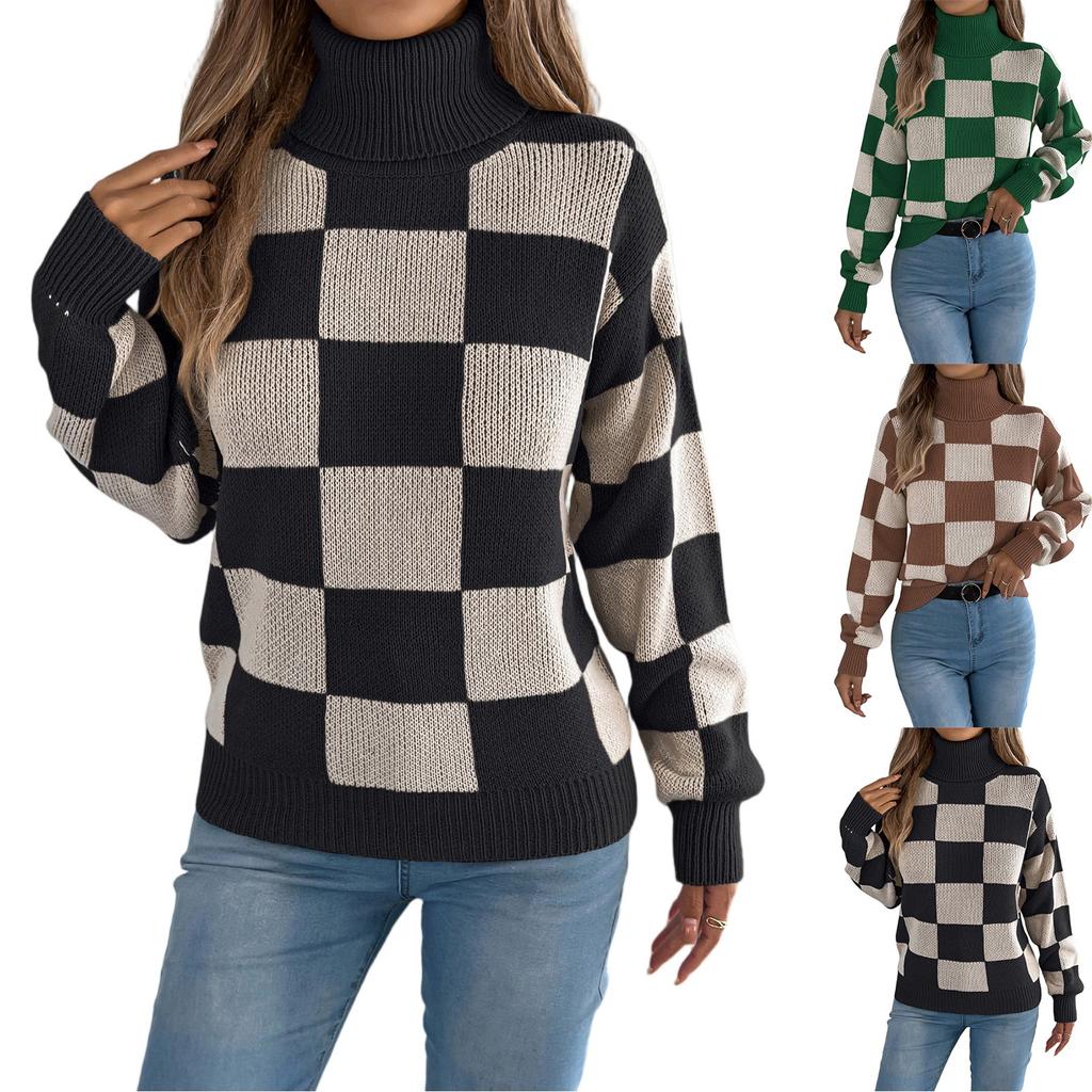 Women's Casual Turtleneck Contrasting Plaid  Long Sleeve Sweater