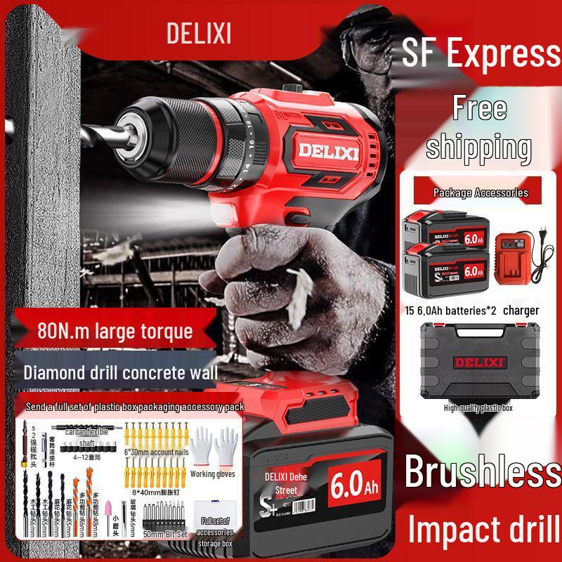 Delixi Brushless Lithium Electric Hand Drill - Pistol Grip for Household Wall Drilling and Impact Holes