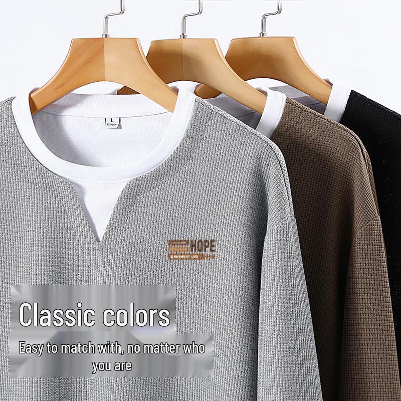 JEANSWEST LIFE Men's Waffle Knit Loose Fit Fake Two-Piece Long Sleeve T-Shirt
