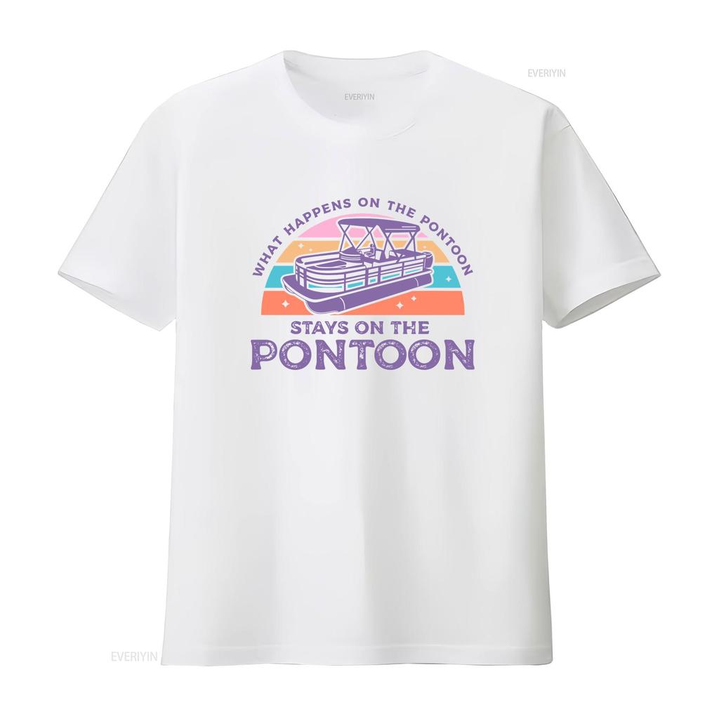 What Happens On The Pontoon Stays T Shirt Lake For Her Lover Vintage Washed Comfortable Top For Everyday Wear Stretched Unisex