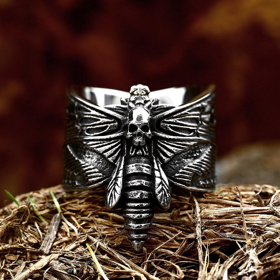 

Bee Butterfly Ring Stainless Steel Men Boys Vintage Acherontia Lachesis Skeleton Ring 13
