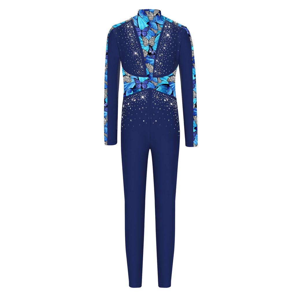 Leotard da Ballo da Bambina a Maniche Lunghe con Paillettes e Strass, Lucido, Full Body, Zip Invisibile Posteriore