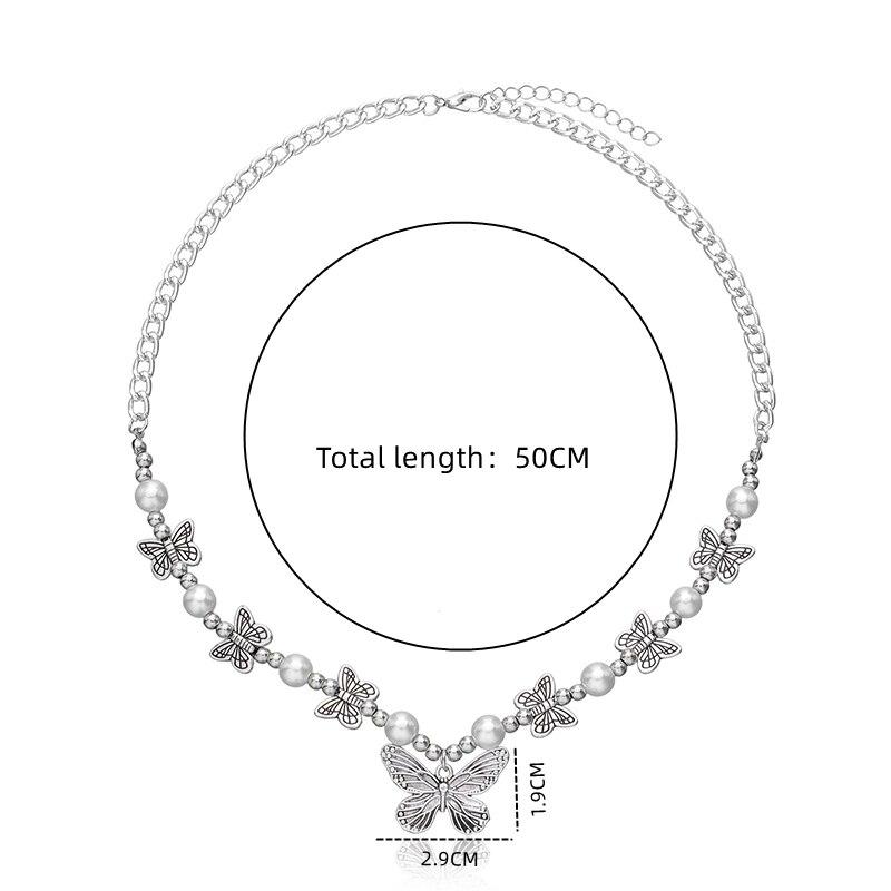 2 szt. Antyczny posrebrzany naszyjnik Styl vintage Seria motyli Ręcznie robiony sznurek Sztuczne perły Krótki łańcuszek do swetra