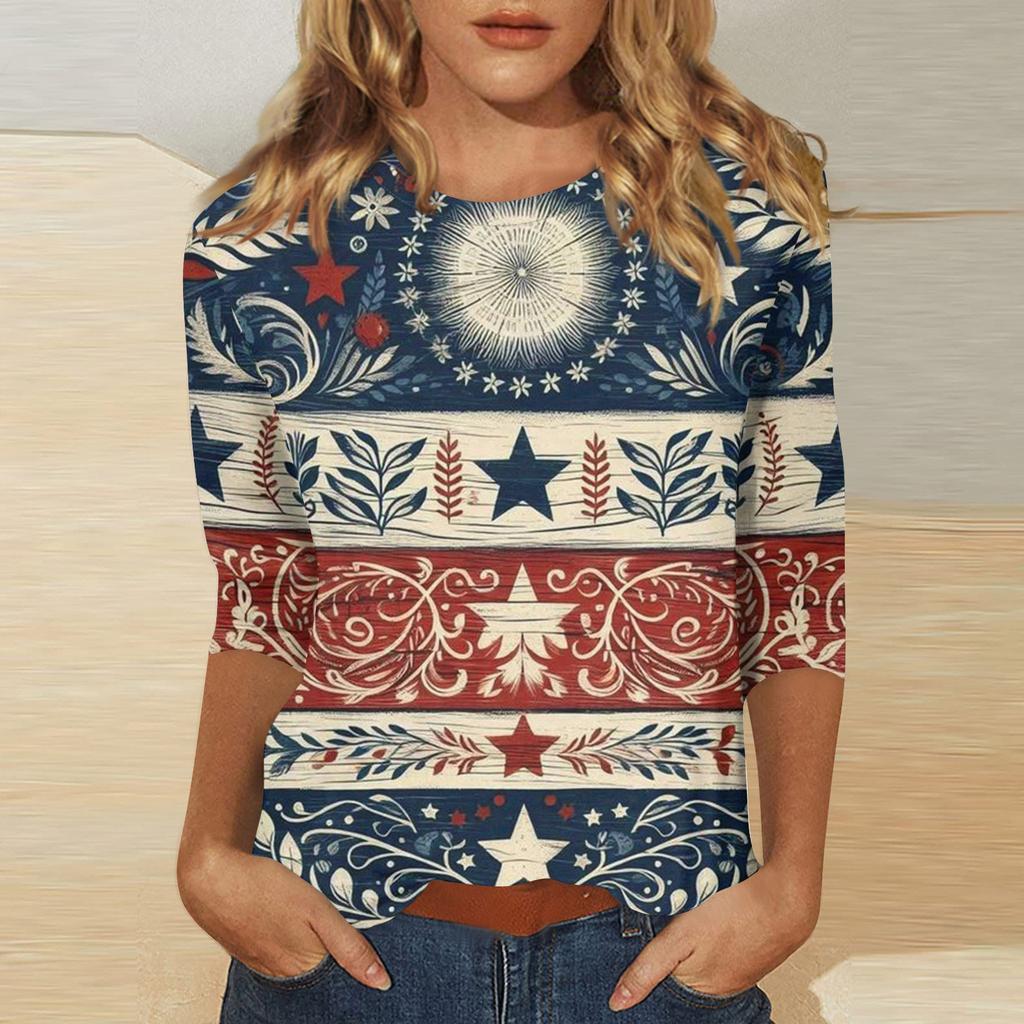 Women's Independence Day Print Round Neck Seven-Eighths Sleeve Top