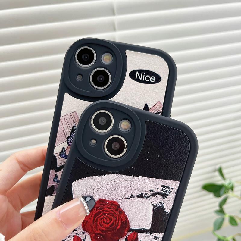 Kožené černé pouzdro silikonové flexibilní měkké pouzdro z TPU módní Rose Butterfly potisk zadní kryt mobilního telefonu pro iPhone Samsung Xiaomi