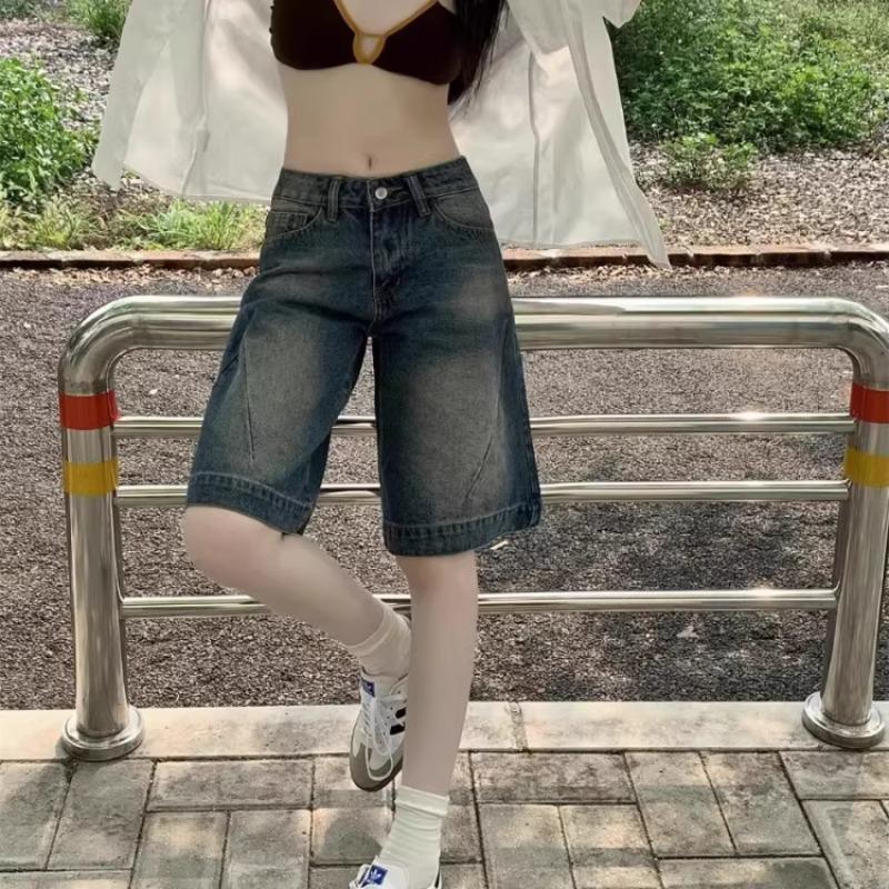 Women's Plus Size Vintage Low-Waist Denim Shorts - Summer 2026 Fashion, Casual Straight Leg