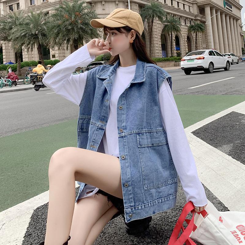 Mode Koreanischer Stil Ärmellose Jeansweste Damen Locker Geschnittene Jeansjacke