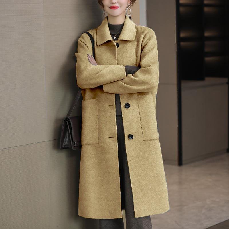 Womens Solid Color Wool Blend Coat Mid-Length Loose Fit Winter Outerwear Elegant Office Style
