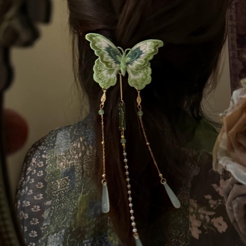 New Chinese green butterfly fringed hairpin female retro elegant national style Hanfu duck bill clip light luxury high-end hair accessories