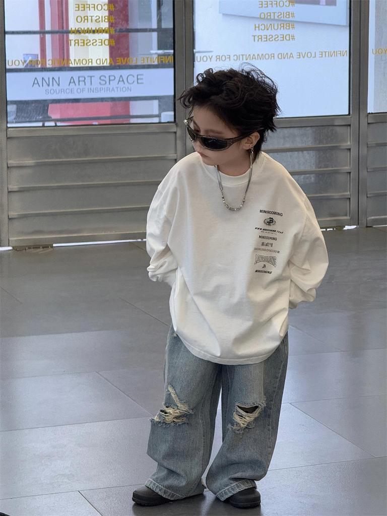 Wood Sheep Spring 2025 Kids' Wide-Leg Jeans with Ripped Hems - Trendy for Boys and Girls