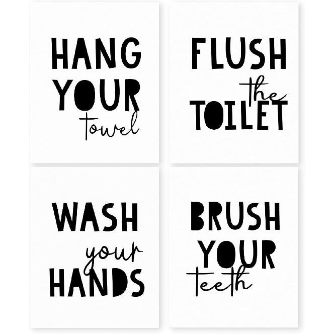 HRQKO Pink Wash Your Hands Wall Art Poster Prints Set of 4,Pink Bathroom Wall Decor, Kids Bathrooms Artwork Print Posters Wall Decor, Girls Bathroom