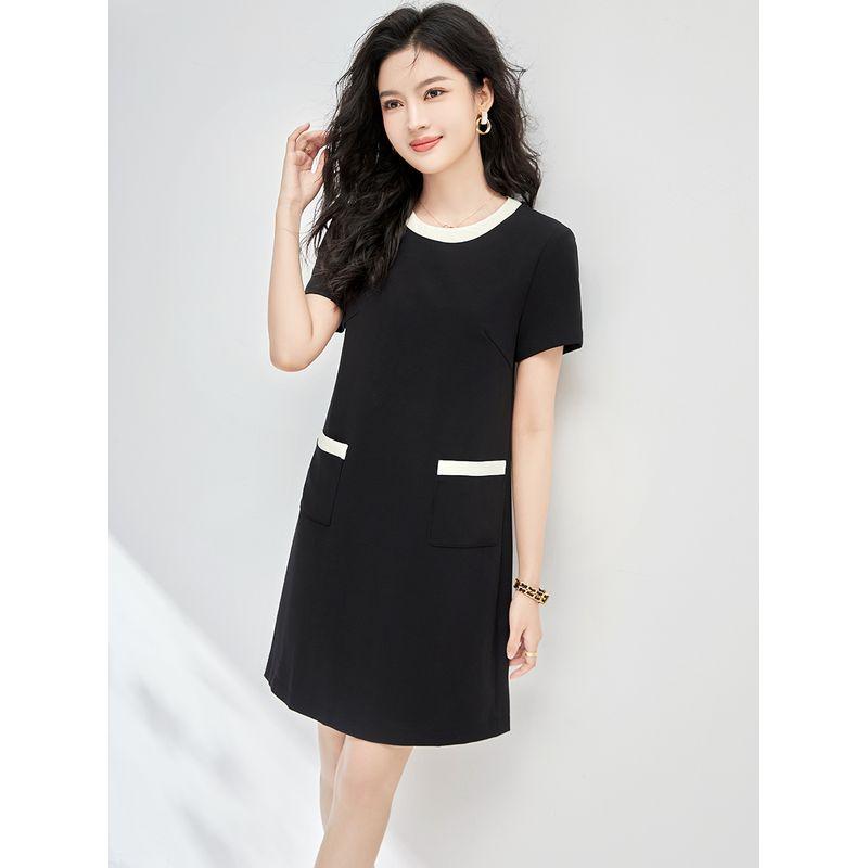 

Classic Style Minimalist round Neck Straight Skirt Summer Short Sleeve Black 2XL