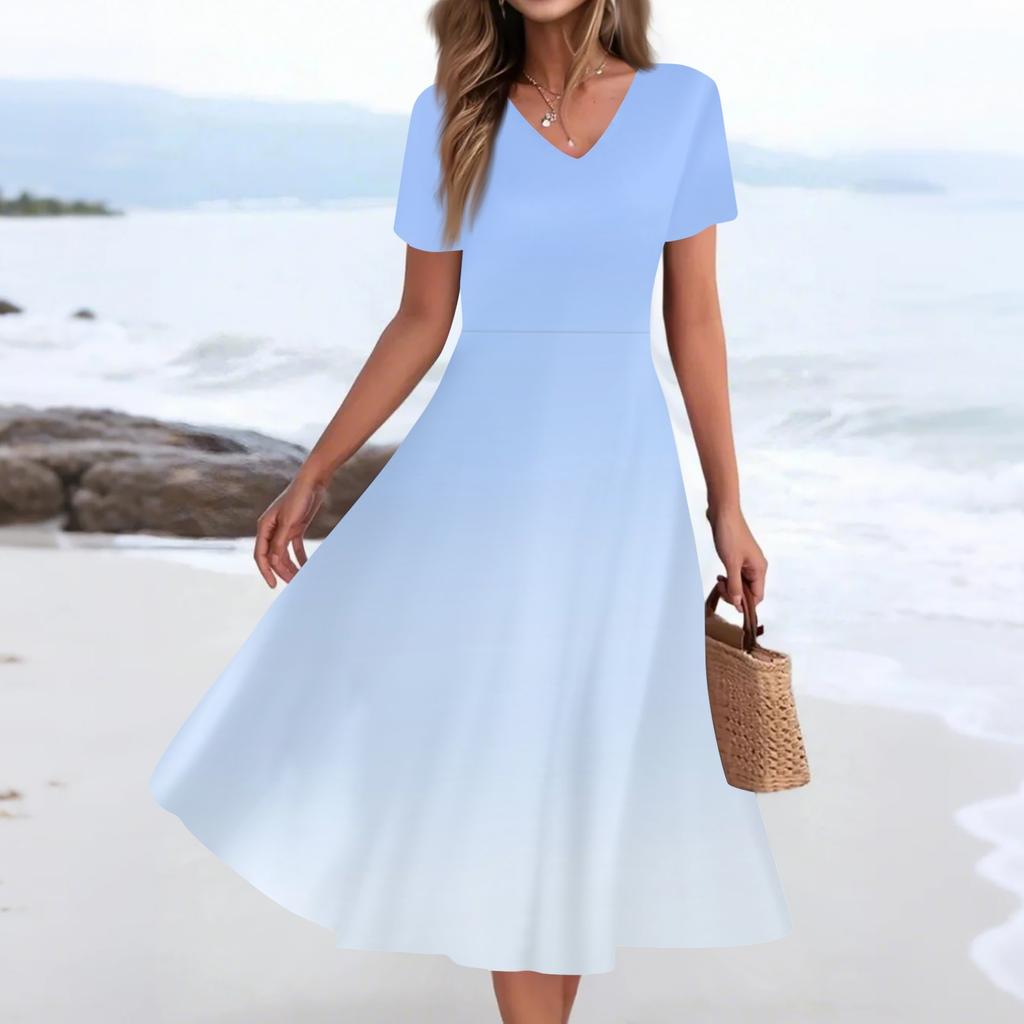 Damen Sommer Freizeitmode Druck Tasche Kurzarm V-Ausschnitt Schwingkleid