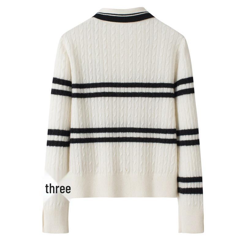 Women's 100% Pure Cashmere Striped Turn-Down Collar Sweater