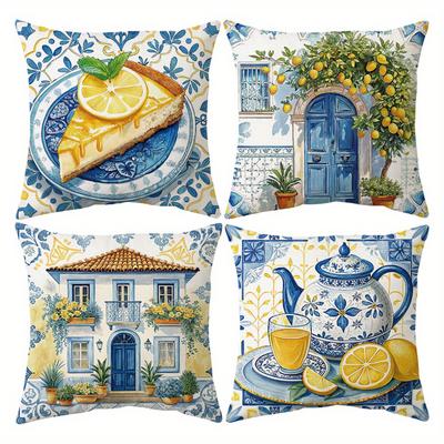 4Pcs, Vintage Watercolor Lemon Cheesecake Print Pillow Covers, Single-Sided, Zipper Closure, Washable Polyester - Perfect for Sofa, Living Room