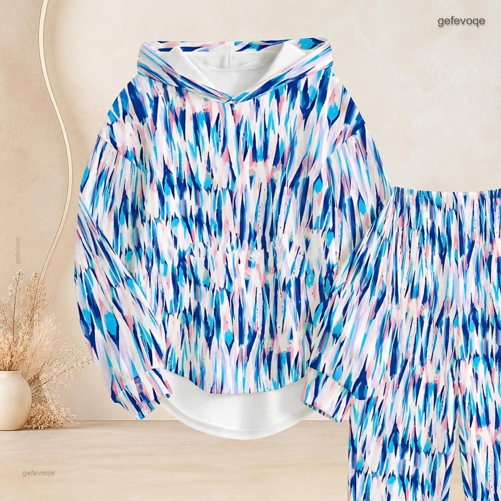 Women Plus Size Blue Pink White Printed Two Piece Set Long Sleeve Hooded Top Cuffed Pants