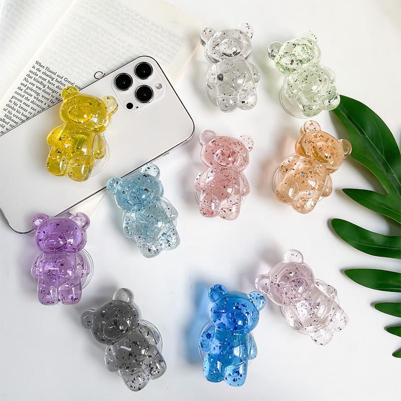 Epoxy Silver Foil Transparent Bear Mobile Phone Holder Creative Airbag Desktop Stable Support Portable Telescopic