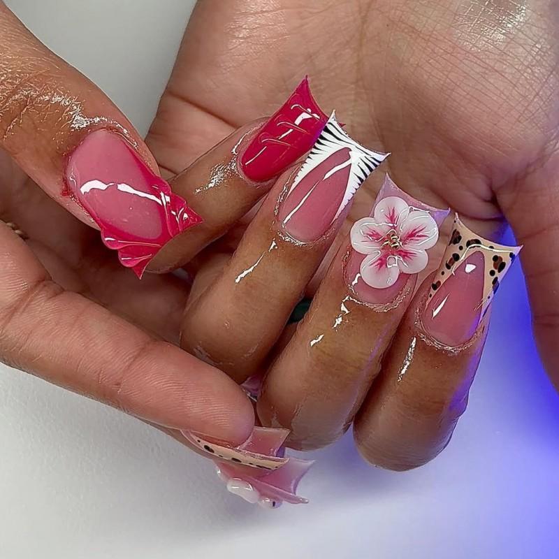 Handmade Short Duckbill Press-On Nails With 3D Cherry Blossom Leopard Zebra Patterns Women