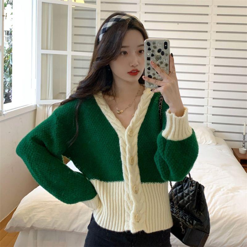 

Early Autumn Color Block Sweater Coat Women s Short Design Thickened Knitted Cardigan Top S зелений