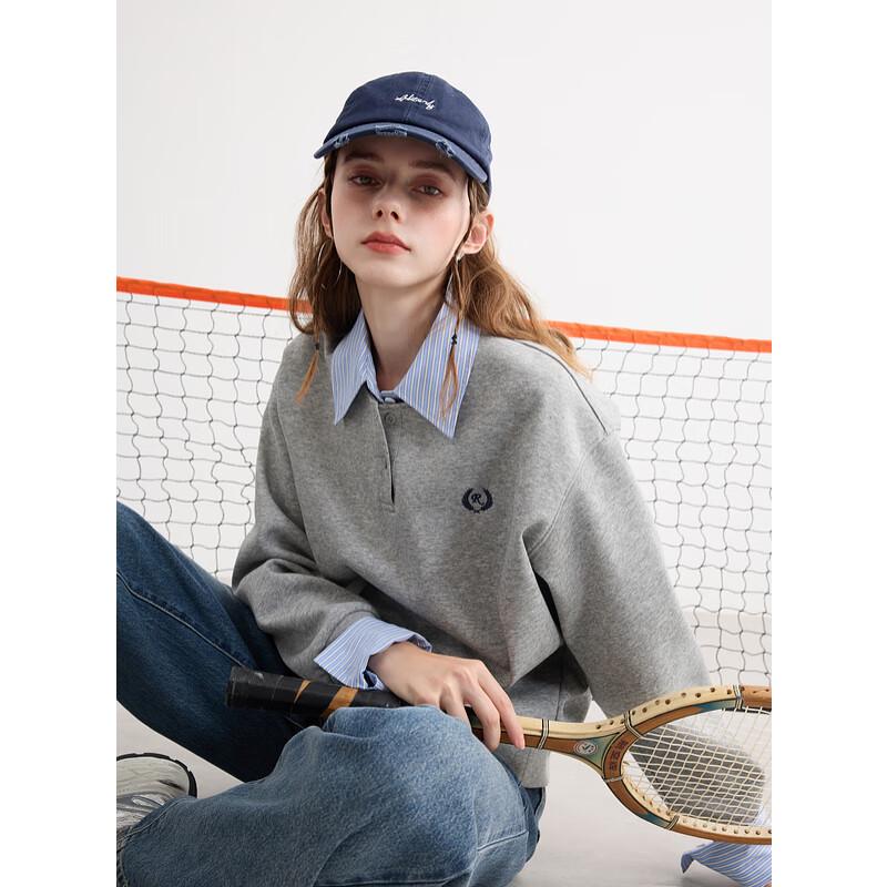 Sancai Women's Faux Two-Piece Striped Embroidered Fleece Sweatshirt