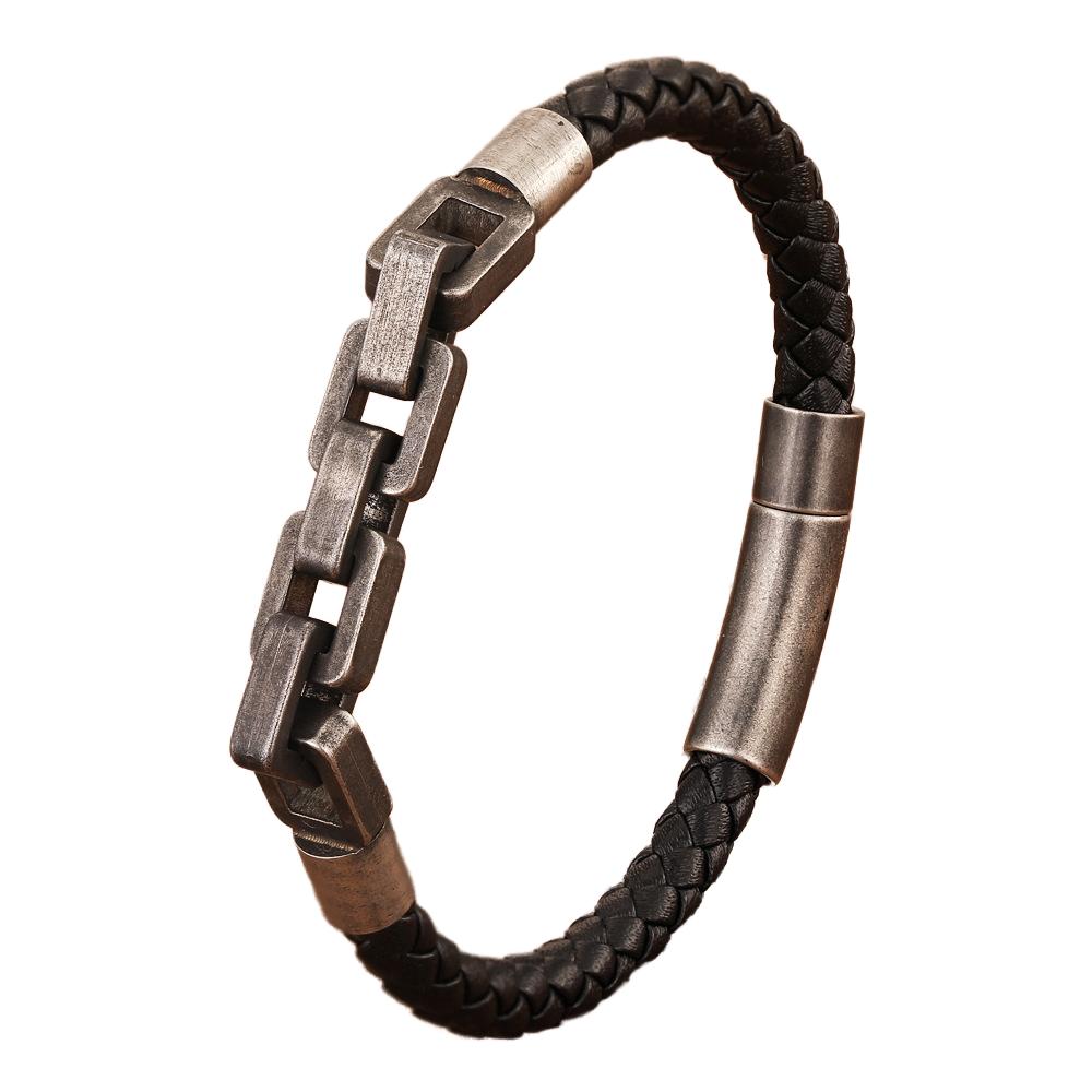 Landy American Vintage Leather Bracelet Stainless Steel Fashion Trendy Accessories Black Gun Plated Lock Twisted Bracelet