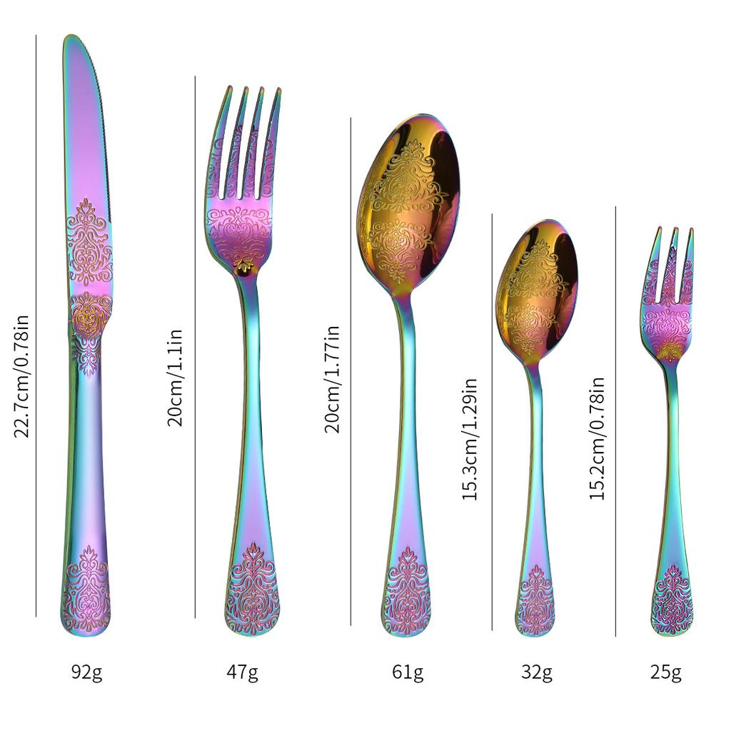 Double-Headed Flower Pattern Tableware Knife, Fork and Spoon 430 Stainless Steel Advanced Western Tableware 5 Main Pieces Suit