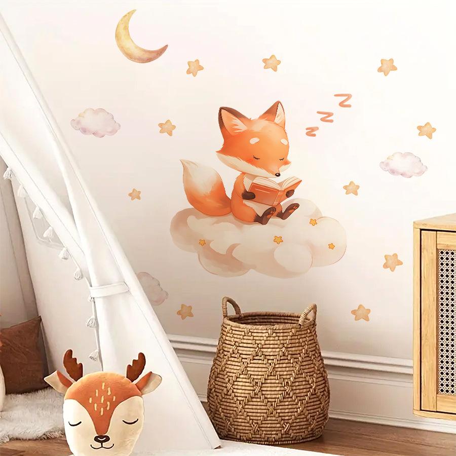 Little Fox Telling Bedtime Story Under Stars and Moon Wall Stickers, Self-Adhesive Fairy Tale Decor for Kids Room Nursery Decoration