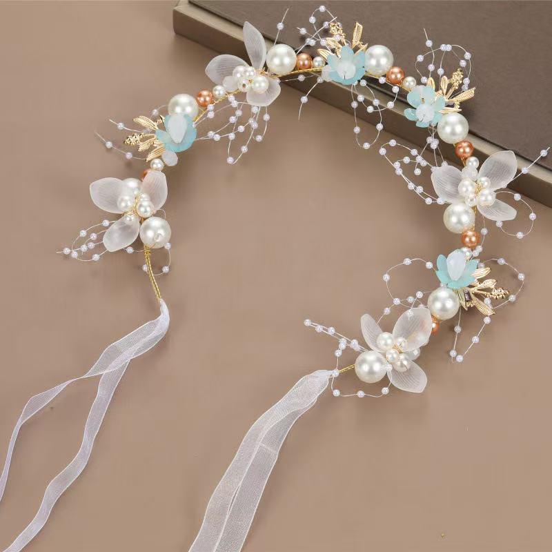 Golden Fairy Leaf Flower Pearl Headband - Elegant European Crown for Girls' Weddings