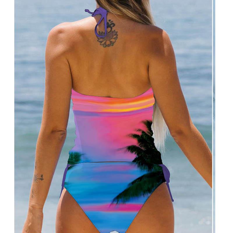 Women's Colorful Sunset Print Halter Bikini Tankini Swimsuit