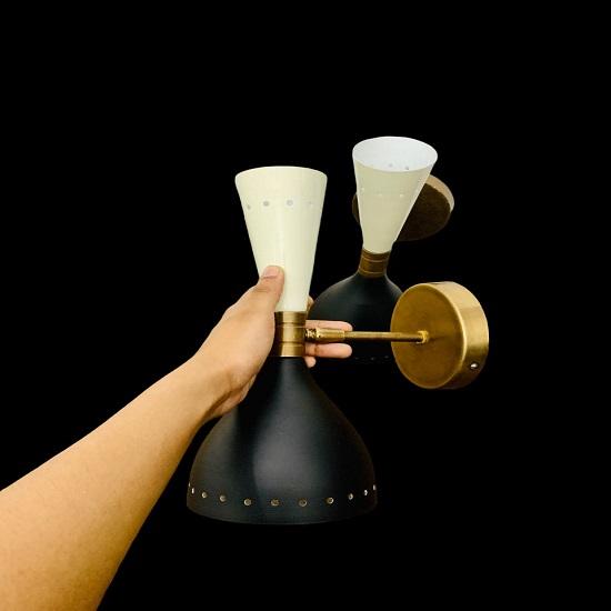1950's Mid Century Brass Italian Diabolo Wall Sconces Shiny White and Black Wall Sconce Light Fixture Bulb Pair Custom Wall Sconce