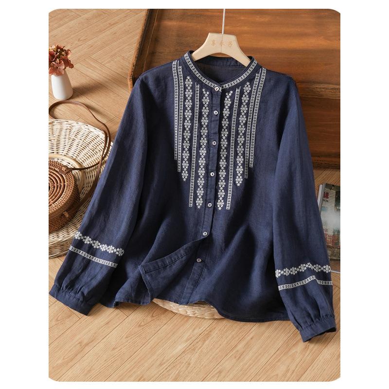 Retro Embroidered Cotton Linen Stand Collar Loose Long Sleeve Women's Shirt Spring Tops