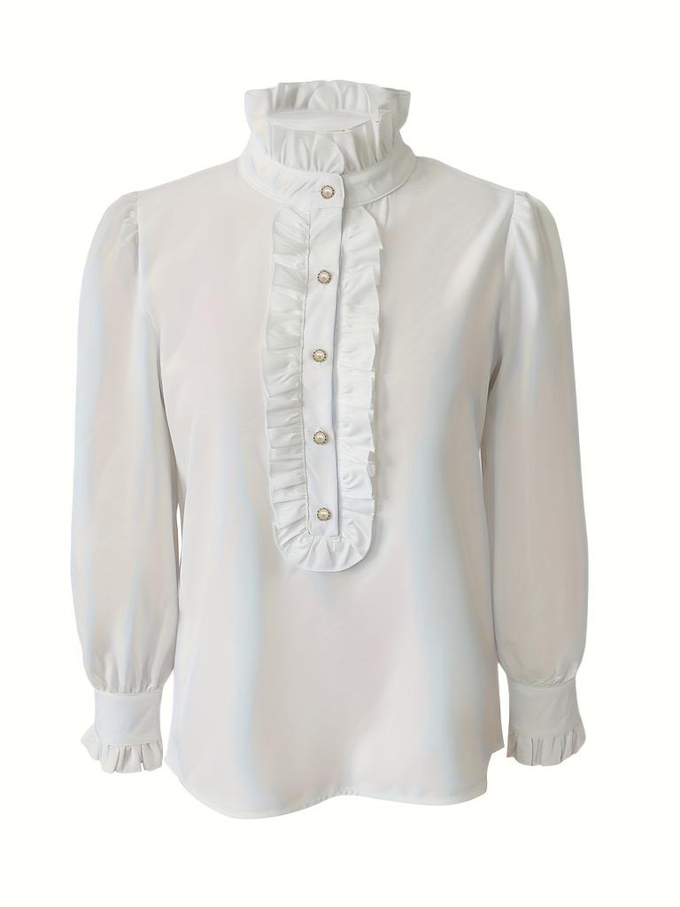 Dames Ruffle Hoge Hals Lange Mouwen Blouse Elegante Effen Kleur Shirt Parelmoer Knopen Werk Kleding Tops