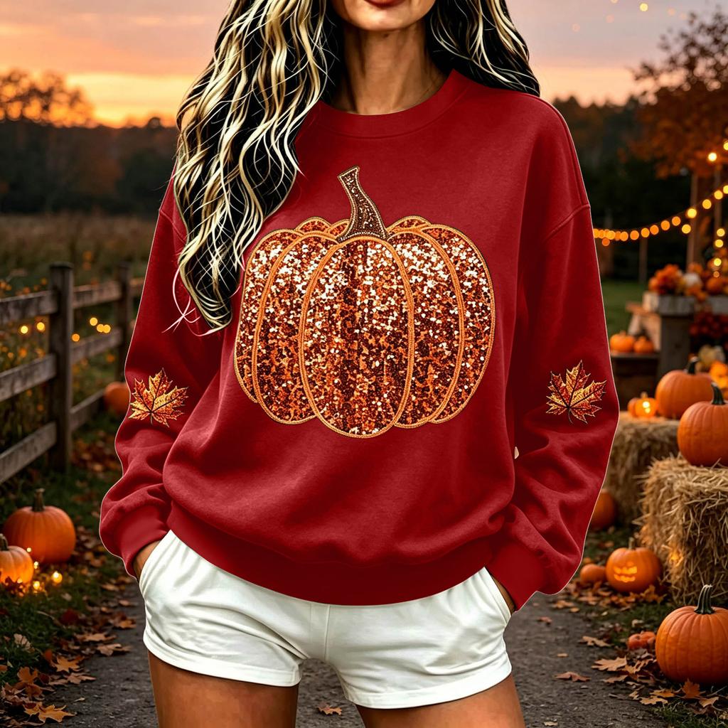 Women's Casual Neck Halloween Top with Sequin Pumpkin Print, Festive Holiday Shirt