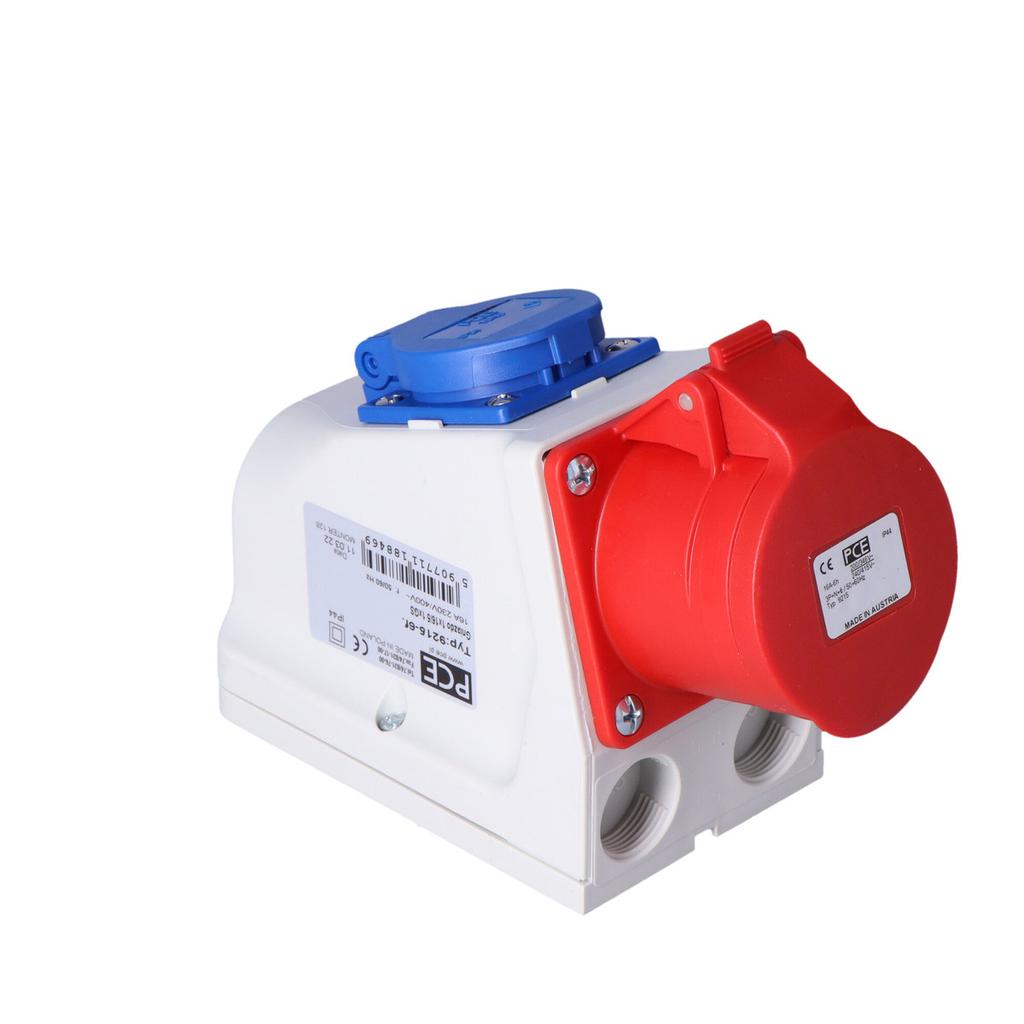 Combi socket CEE 16A 400V 3P+Z+N + 230V with pin, wired IP44