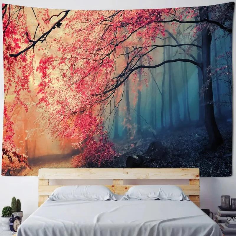 Pink Cherry Blossom Forest Pattern Tapestry Home Wall Decoration Tapestry Bedroom Living Room Tapestry