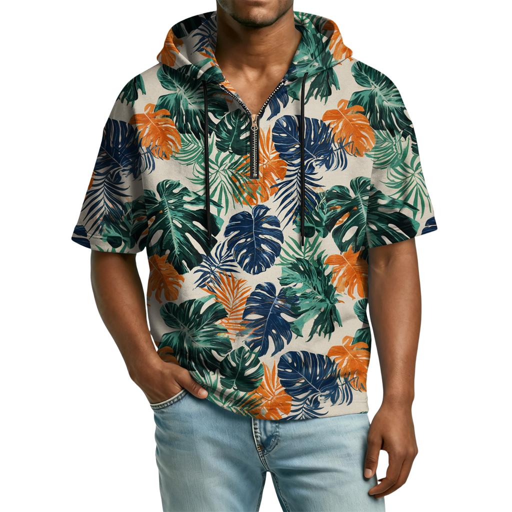 Men's Casual Hooded Zipper Neck Sweatshirt Short Sleeve Top