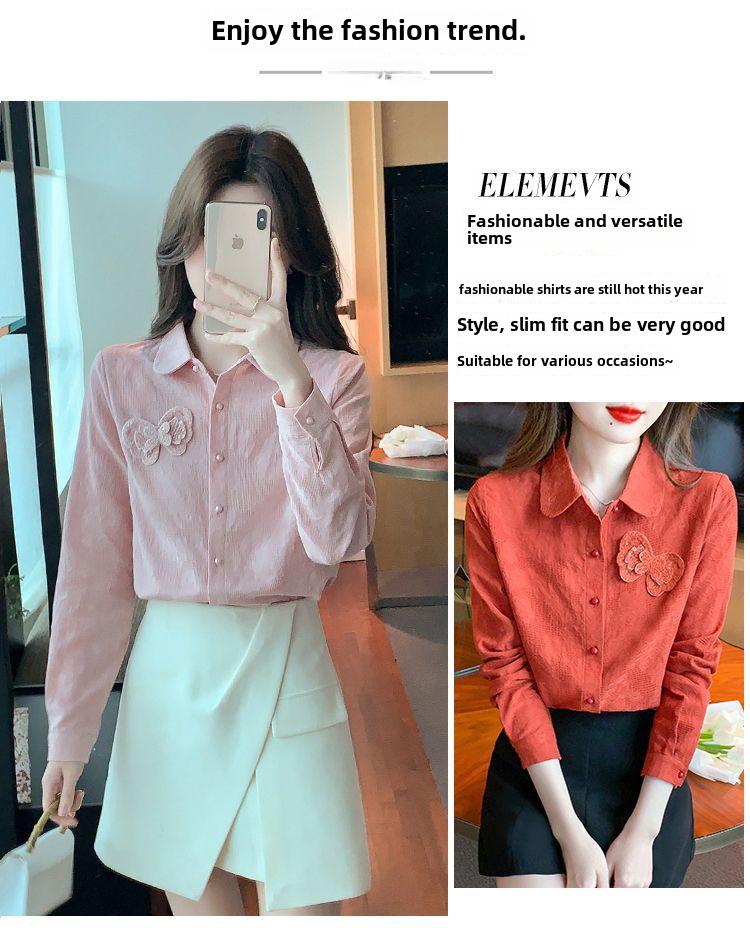 Herbst 2024 Damen Reines Baumwoll-Jacquard Besticktes Langarmhemd