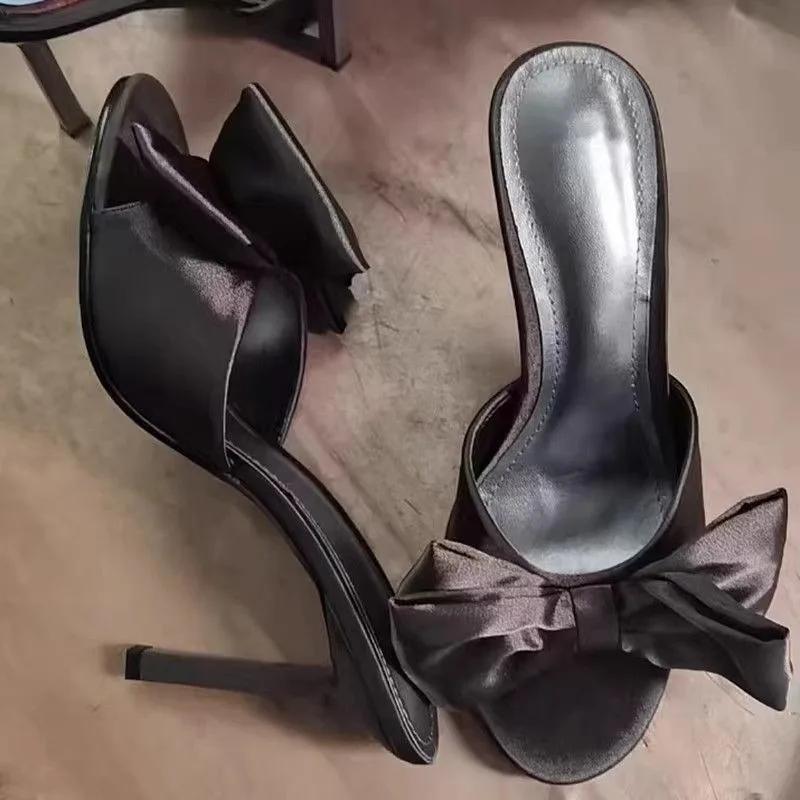 Temperament Stiletto Slippers Summer New Round Toe Open Toe Bow Cover Foot Non-slip Wear-resistant One-line High Heel Shoes