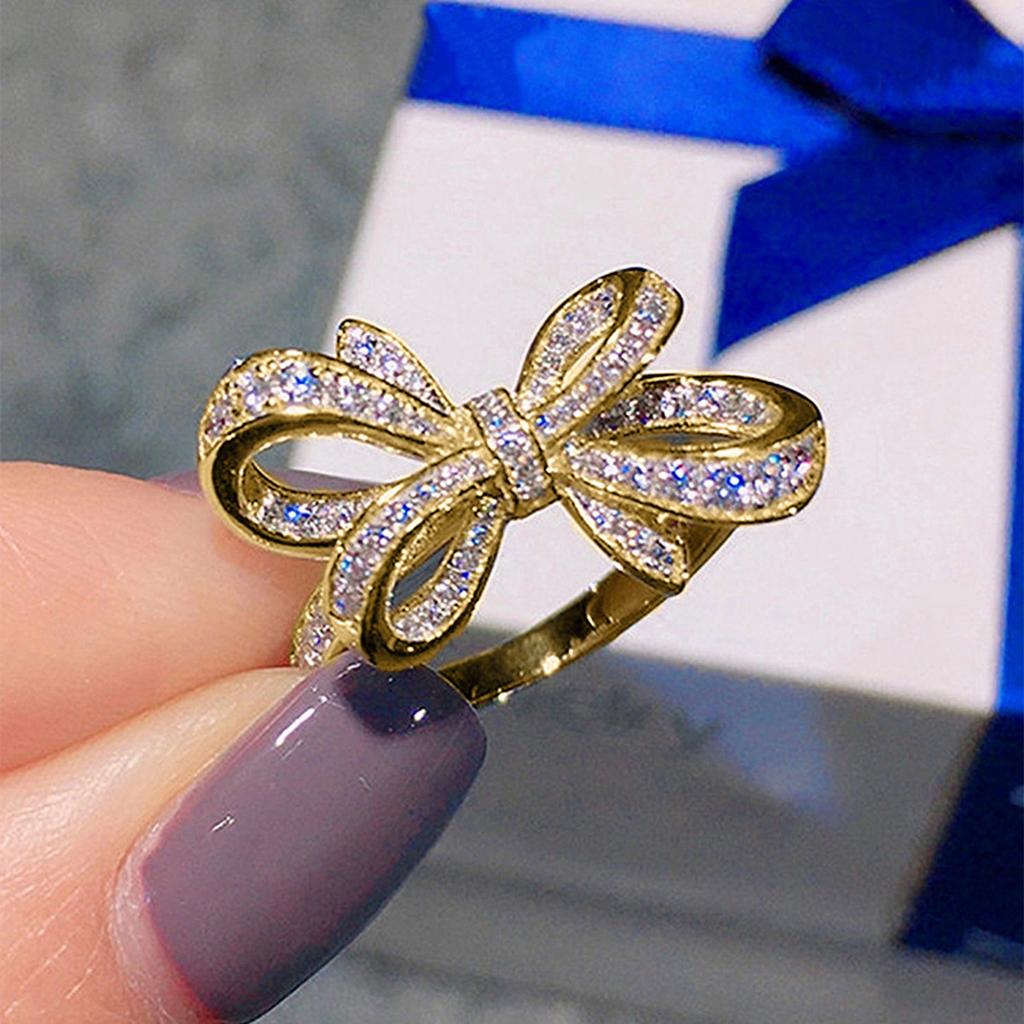 Huitan Aesthetic Bow Shaped Women Ring Elegant Engagement Trendy Accessories for Lady Party Daily Versatile Jewelry with CZ