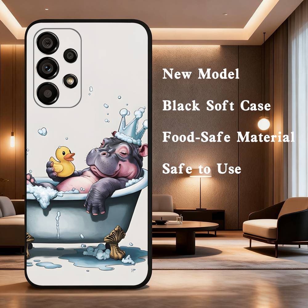 Cute Hippo Hippopotamus For Samsung Galaxy A73,31,71,53,32,72,Note,22,41,8,9,52,J7,Soft Black Silicone Cover Case