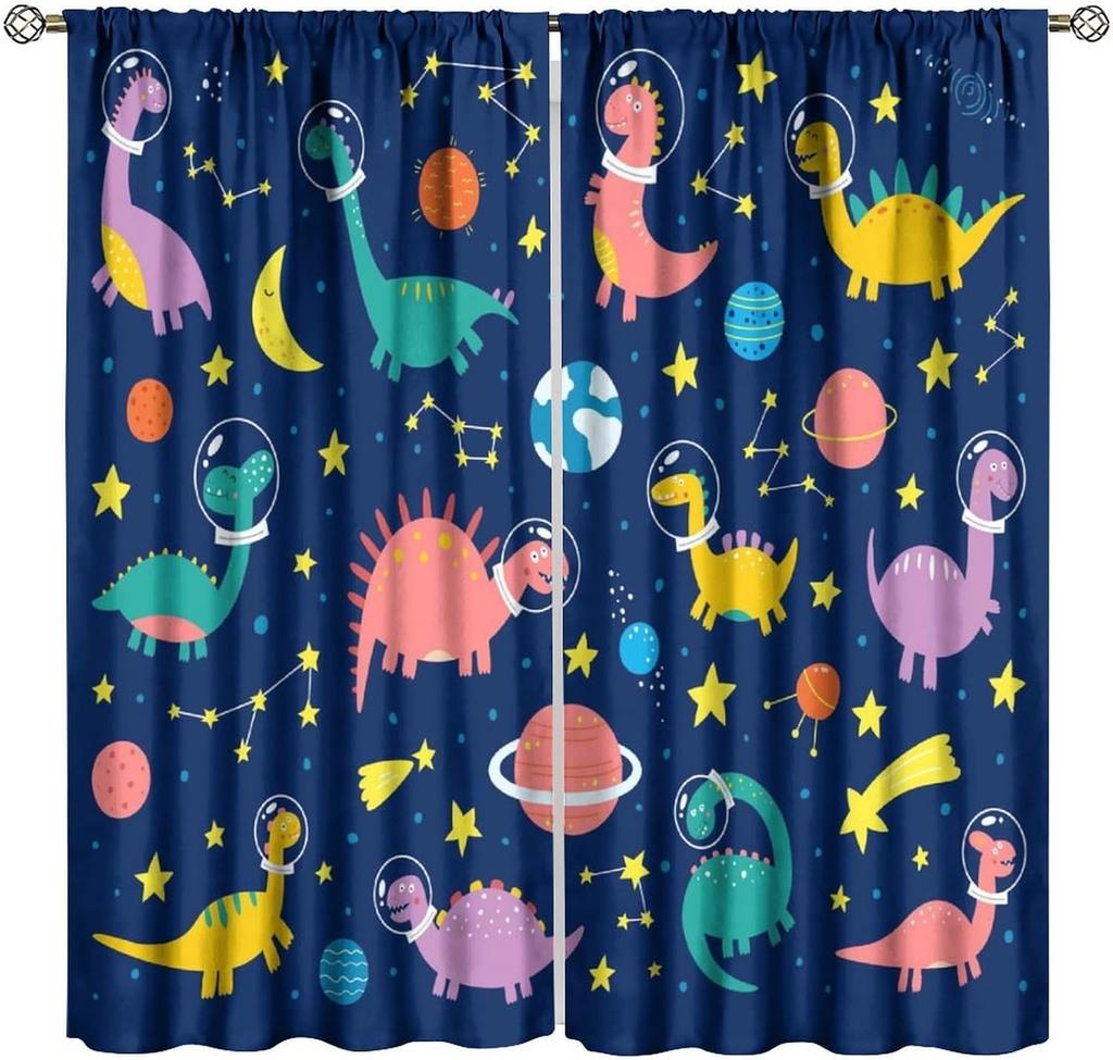 Kids Outer Space Curta, Universe Themed Earth Moon Rockets Stars Window Drapes, For Boys Girls Room Bedroom Living Room