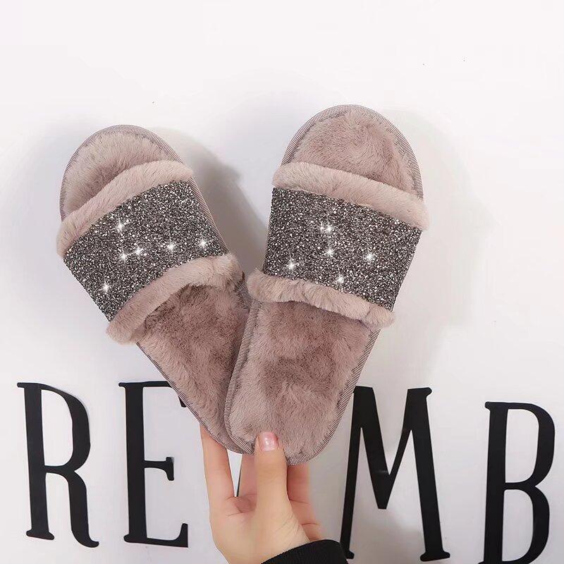 Fashion Fashion Bling Cotton Slippers for Women Open Toe Slip On Fur Slippers Woman Autumn Winter Faux Fur Indoor Flats Fur Slides Mujer