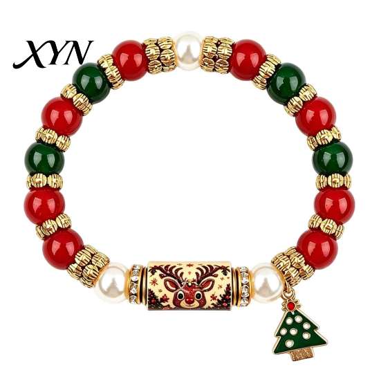 Seasonal Beaded Wristband Set Christmas Bracelet, Elastic Stretch Bracelet with Xmas Gifts for Sister Friend Tree Charm, Holiday Jewelry Women