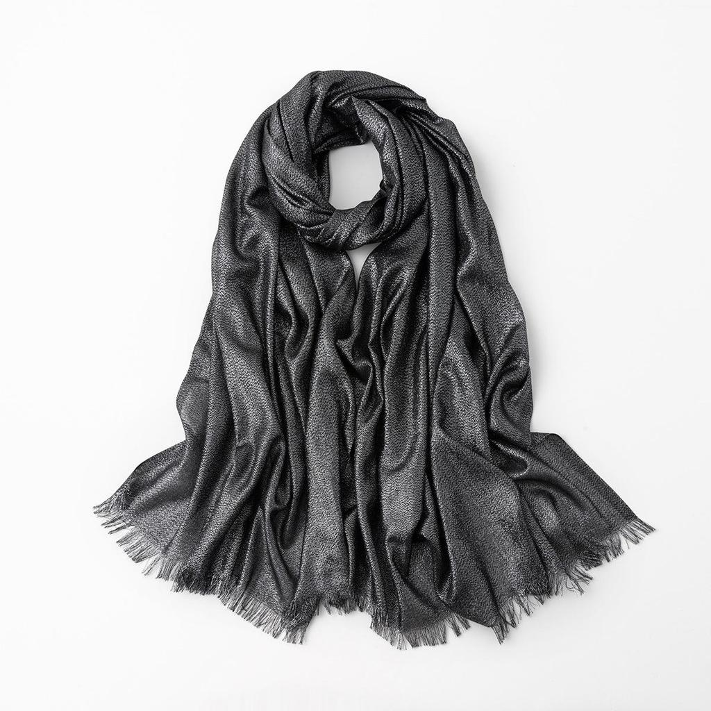 Women's Silk Scarf: Pure Color Long Headscarf with Gold and Silver Threads