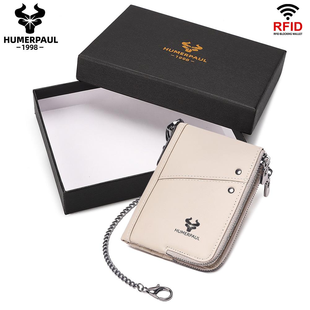 Humerpaul Echt leer RFID-blokkerende dubbele rits Herenportemonnee Bifold Slanke horizontale portemonnee wit