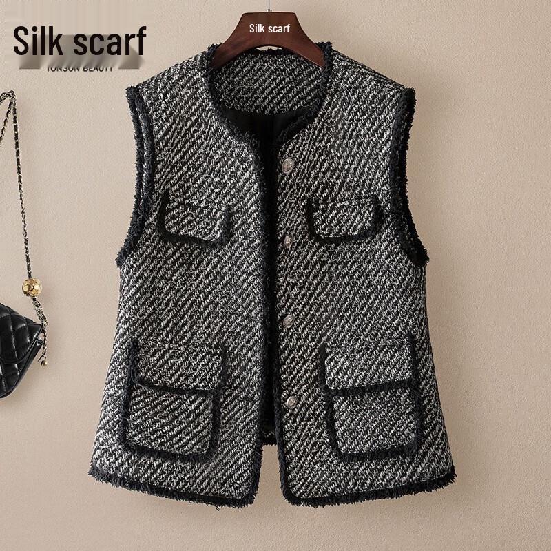 

Женский твидовый жилет с необработанным краем, однобортный, с круглым вырезом S