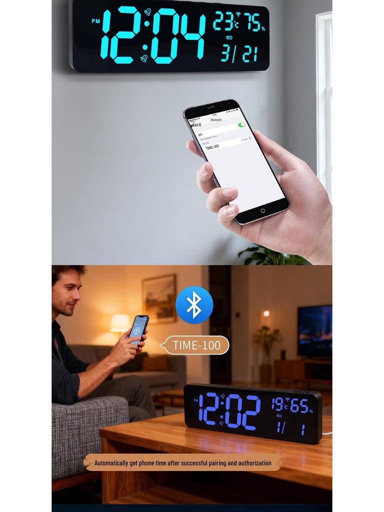 RGB Bluetooth Smart Wall Clock with Automatic Time Sync, Alarm, Temperature & Humidity Display, Perpetual Calendar, and Remote Control.