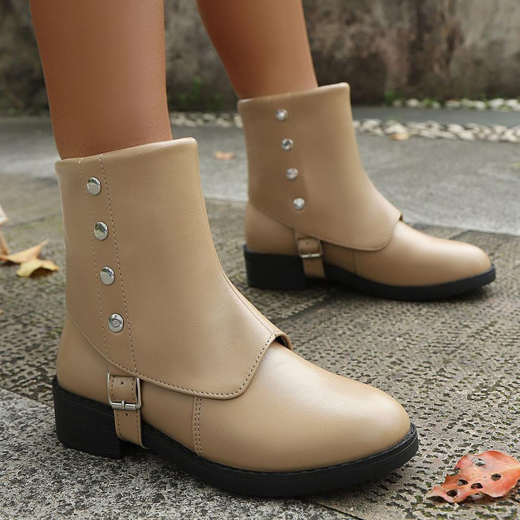 Fashion Spring Autumn Medium Heel Round Head Short Boots for Women Fashion Solid Color Metal Buckle Women Shoes Roman Style Slip On Bota