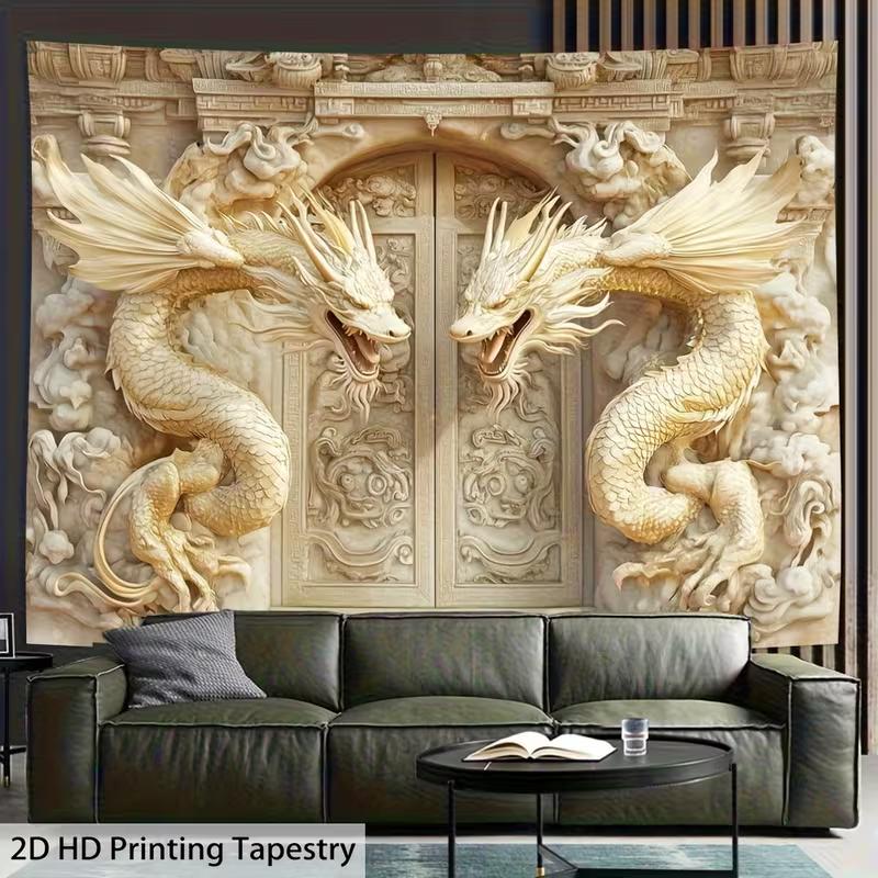 2D Traditional Chinese Dragon Tapestry, Twin Dragons Palace Gate Wall Decor for Home