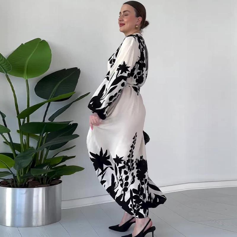 2024 Autumn Women's Color Block Lace-Up Waist Casual Long Sleeve Dress